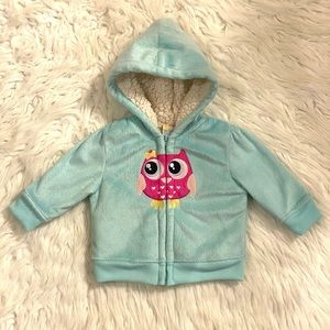 Healthtex baby soft pastel teal jacket w/owl 6/9 m